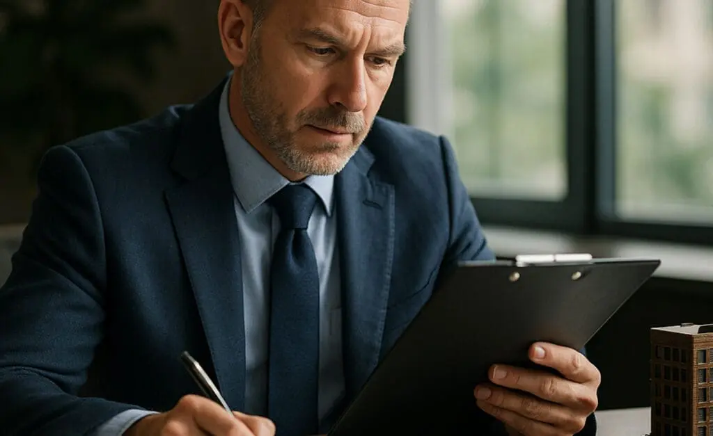Business owner and advisor reviewing a business insurance inventory at the office