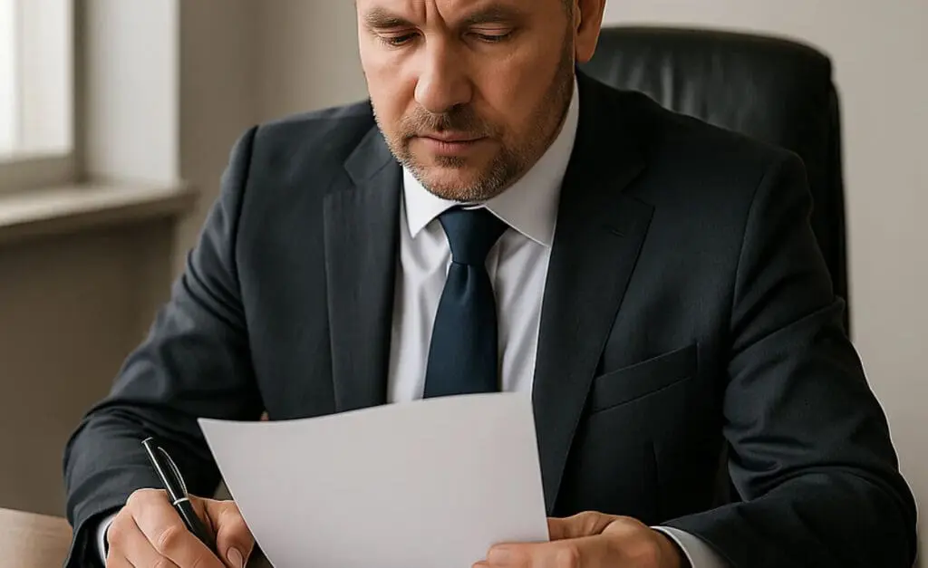 Professional business owner reviewing insurance documents at desk