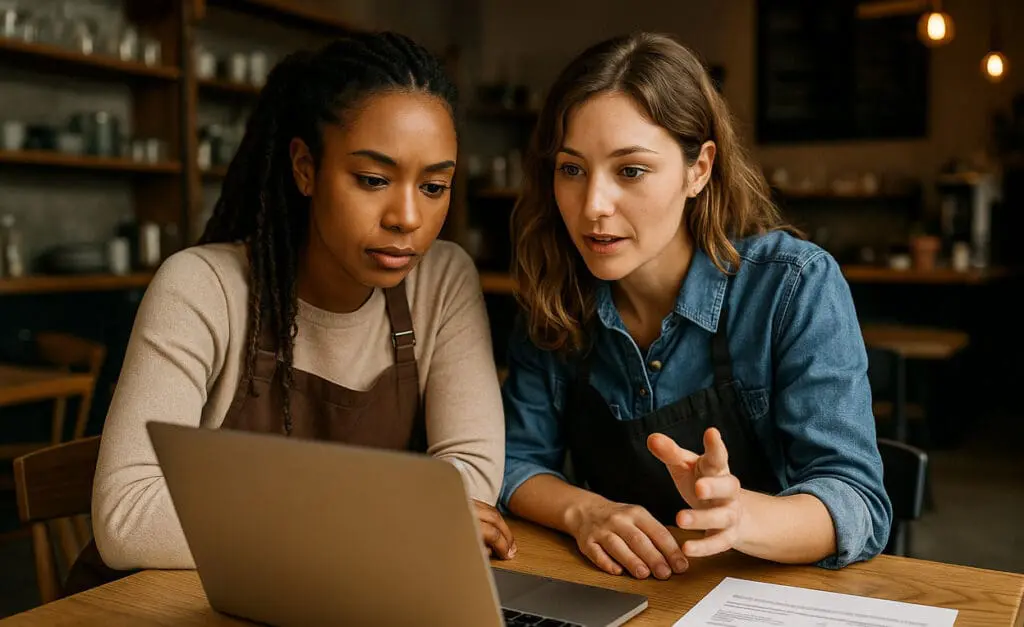 Two young female business owners talking and looking at laptop