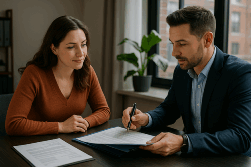 Small business owner meeting with an agent to review a business insurance plan