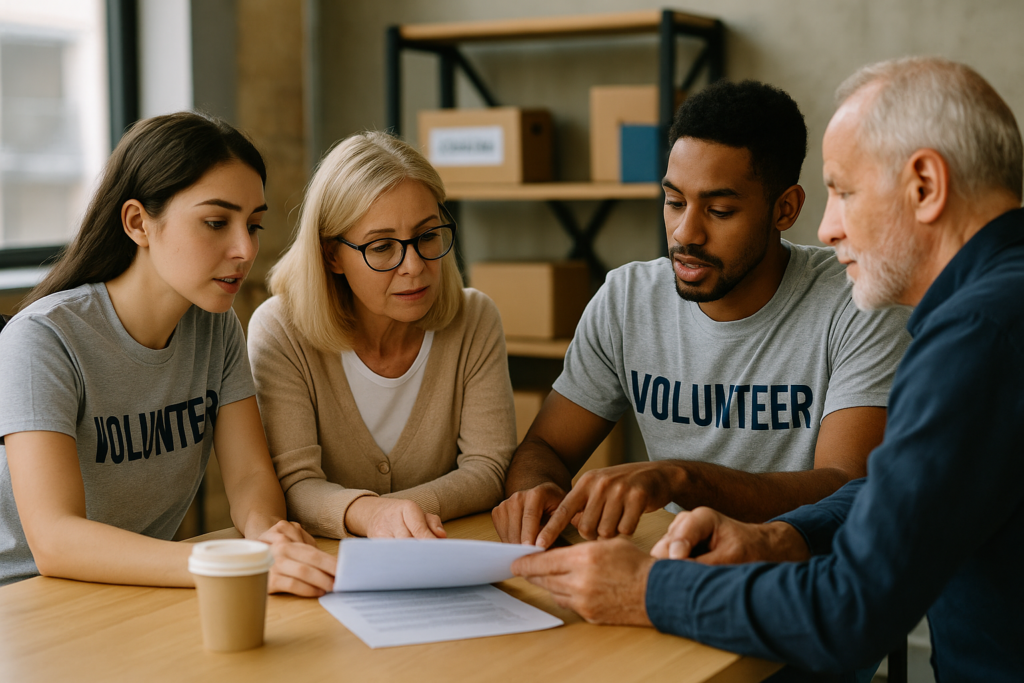 non-profit organization staff meeting insurance advisor in community center