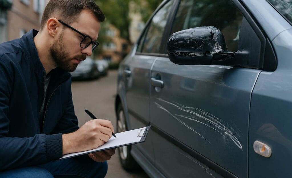 Car with smashed side mirror and scratches being inspected for vandalism damage