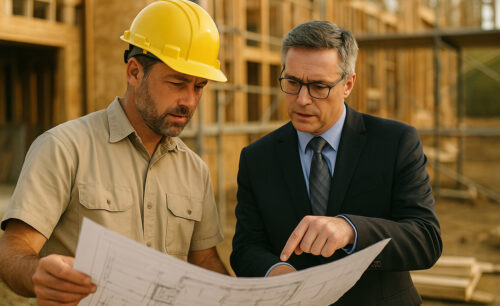 Contractor reviewing site plans with insurance agent at construction site