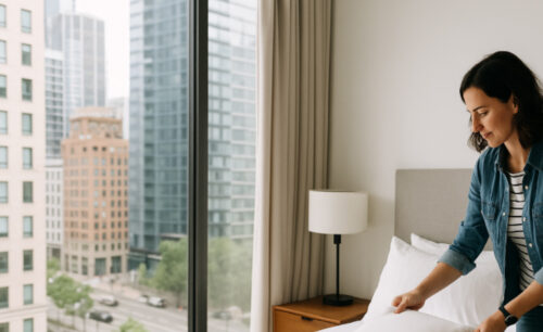 Homeowner preparing guest bedroom for short-term rental guests in modern apartment