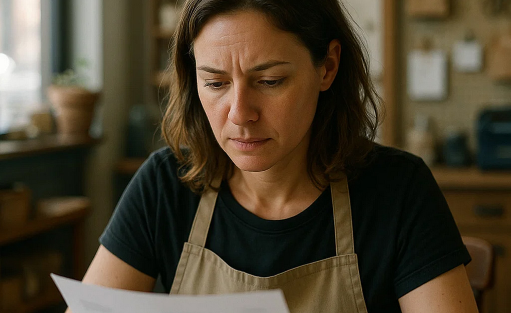 Small business owner reviewing insurance policy paperwork