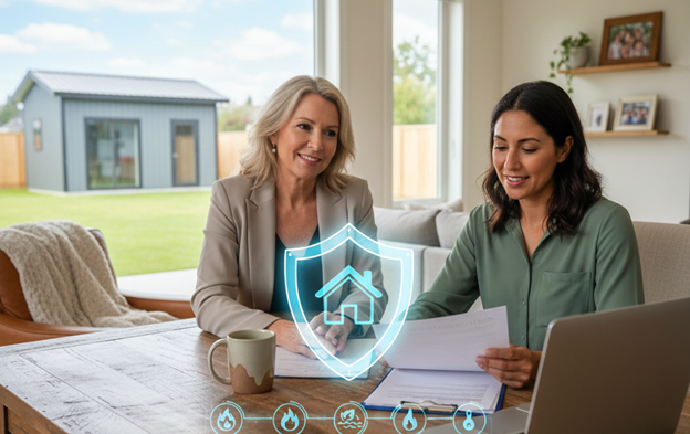homeowner reviewing insurance policy at desk in modern home