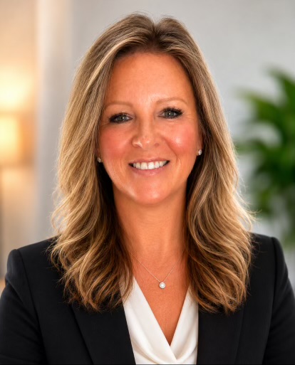 Professional woman with shoulder-length light brown hair, wearing a black blazer and white blouse, smiling at the camera.